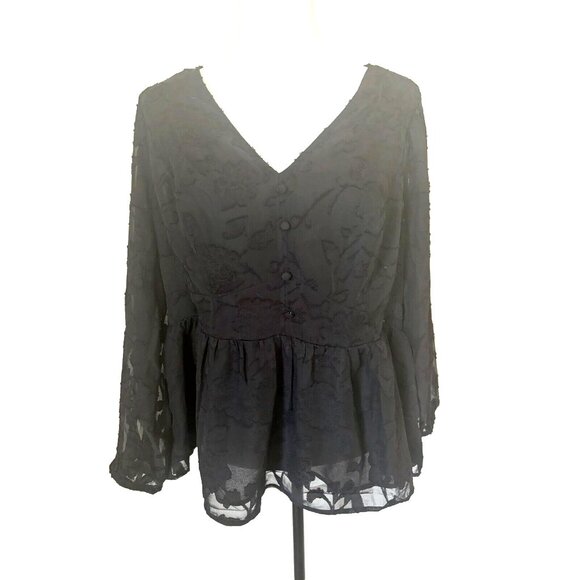 TORRID Peplum Chiffon Clip Floral Blouson Sleeve Top Size 1X 14-16 Black NWT - Picture 2 of 10